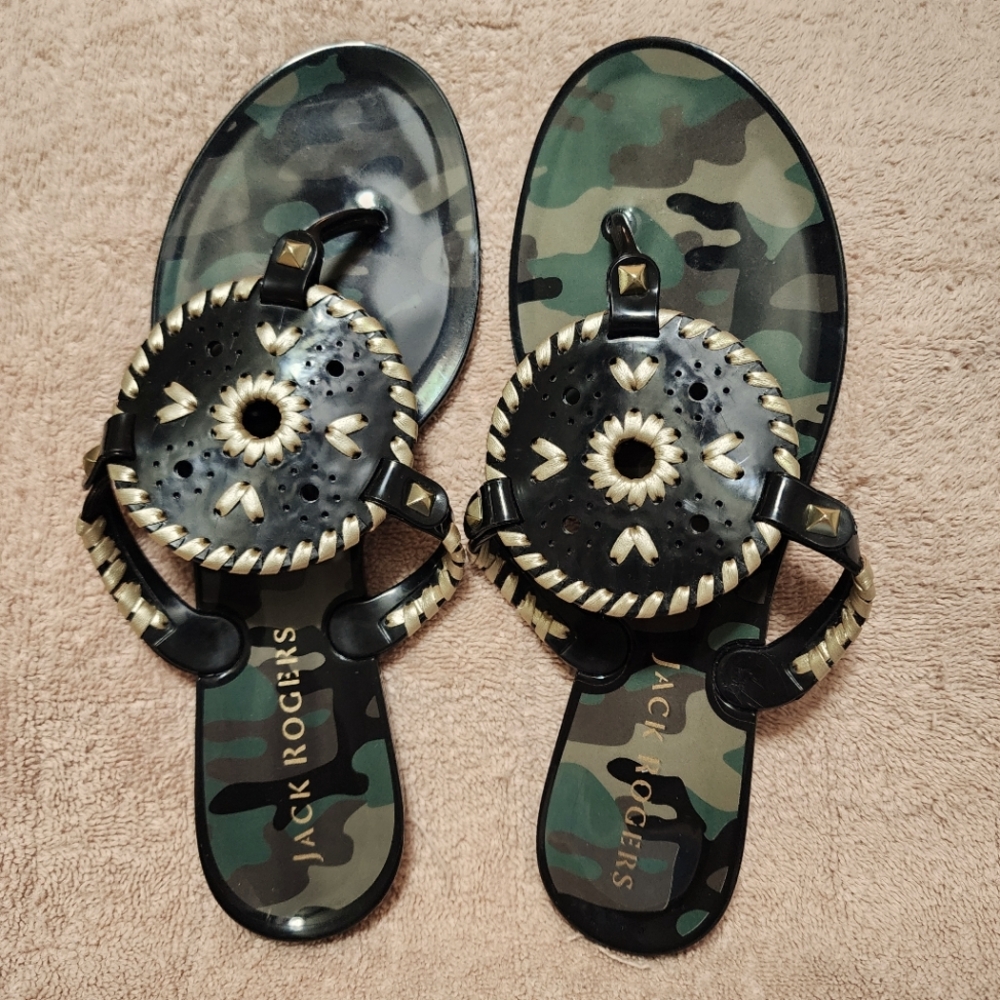 Jack Rogers Black and Cream Camouflage Sandals.